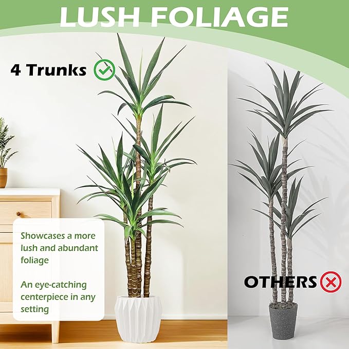 Artificial Trees 6Ft Faux Tree 4 Heads Agave Plant, Tall Fake Plant with Plastic Pot for Home Decor, Office Decor