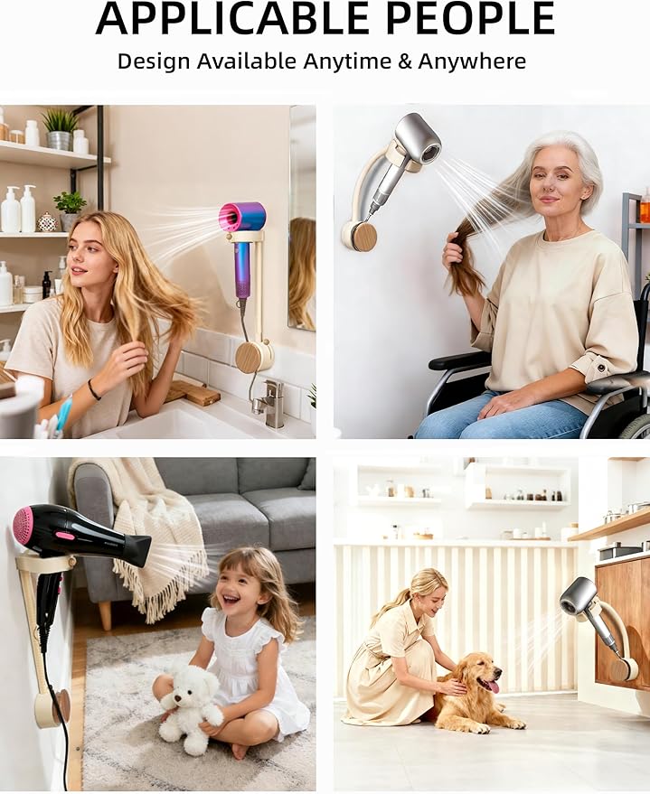 Hands Free Hair Dryer Holder Wall Mounted with Suction Cup, No Drill Installation for Damage-Free Walls, 360° Adjustable Blow Dryer Holder Fits Most Hair Dryers for Bathroom Organization 1Pack(Cream)