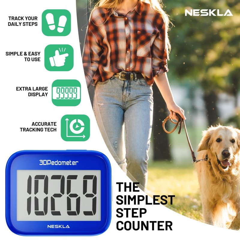 NESKLA 3D Pedometer for Walking, Simple Step Counter with Large Digital Display, Step Tracker with Removable Clip Lanyard, Accurately Track Steps for Men Women Kids Adults Seniors-Dark Blue