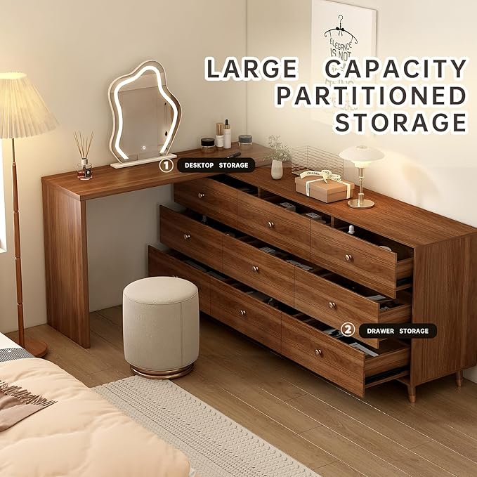 Makeup Vanity Desk with Cloud HD Lighted Mirror, 70-110in Extendable Modern Vanity Table, 9-Drawer Solid Wood Frame Storage Cabinet, Dressing Table for Bedroom, Brown