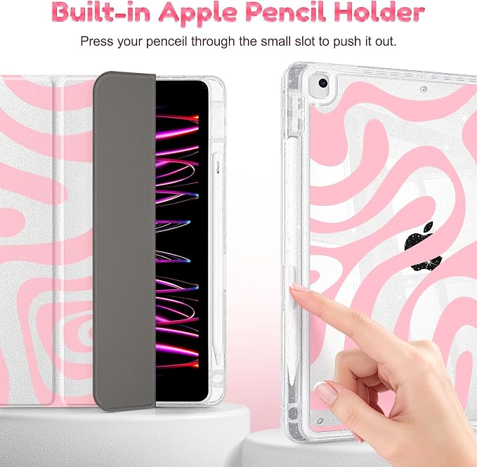 Case for iPad 9th/ 8th/ 7th Generation 10.2-Inch Case(2021/2020/2019 Release) Glitter Tablet Cases with Transparent Acrylic Back+Trifold Stand+Pencil Holder+Auto Wake/Sleep Bows-Stripe