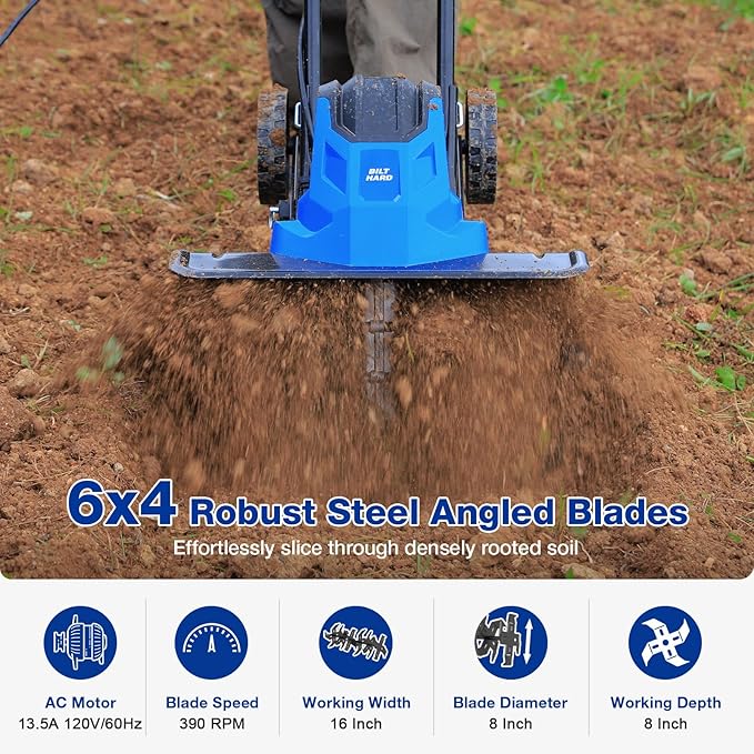 BILT HARD 16-Inch Corded Garden Tiller Cultivator, 13.5-Amp 6 Steel Tines Tillers with Adjustable Wheels & Foldable Handle, 8-Inch Tillling Depth Electric Rototiller for Lawn/Yard/Garden Soil Digging