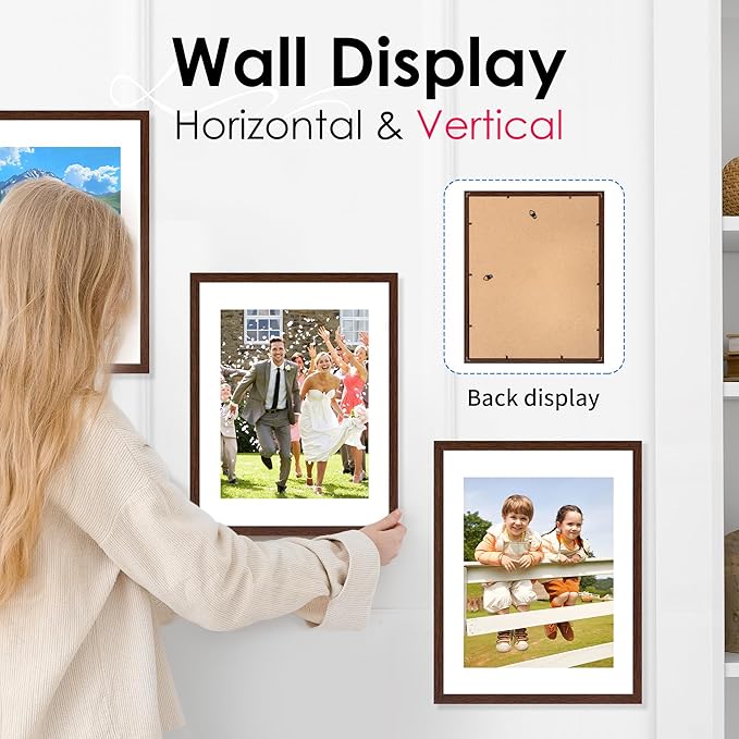 FIXSMITH 11x14 Picture Frame Set of 2, Photo Frame with HD Plexiglass, Display Pictures 8x10 with Mat or 11x14 Without Mat, Brown Picture Frames Collage Wall Decor, Gallery Wall Frame