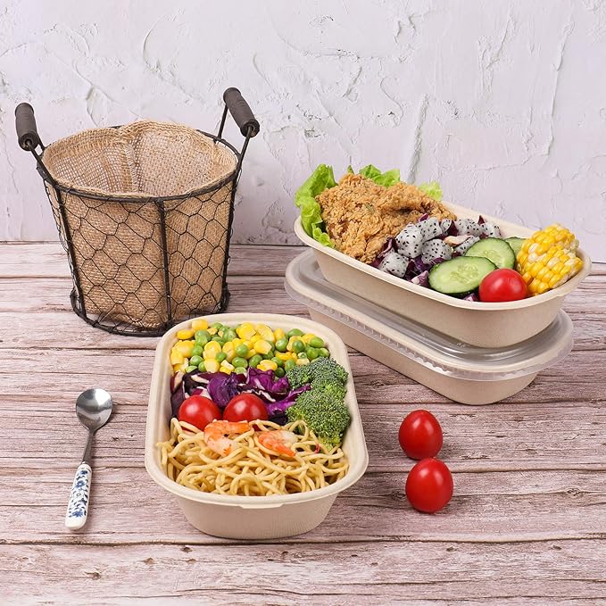 23 oz Disposable salad bowls with lids, Sugarcane Fiber Paper Bowls take away food containers meal prep food storage deli container 50 Pack