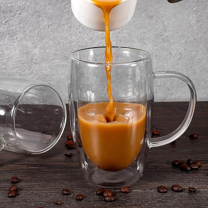 Clear Glass Double Wall Insulated Round Coffee Mugs Set of 4 Pieces - Large Size 16oz Best Reusable Coffee Mug for Home Cafe Restaurant Perfect for Espresso Capucinno Lungo Latte Coffee