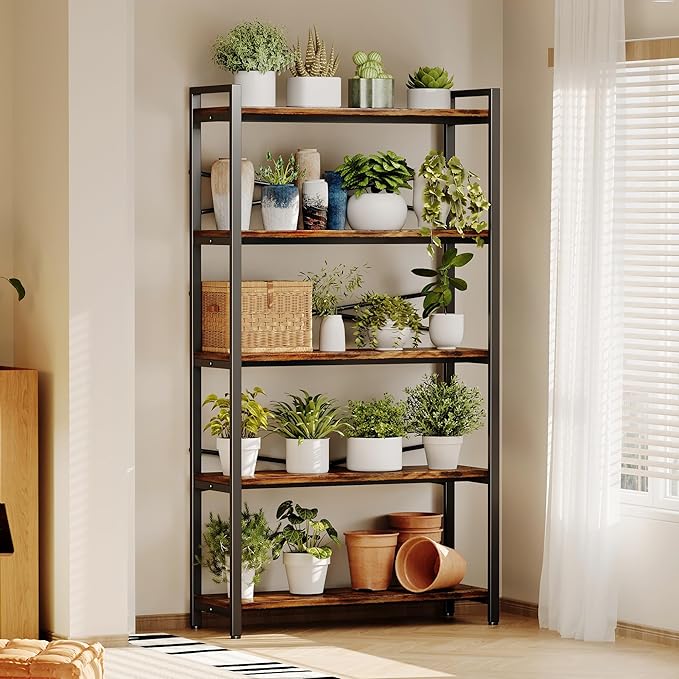 5 Tier Bookshelf 31.49" Width, Tall Book Shelf Storage and Organization, Wooden and Metal Industrial Bookcase, Large Book Shelves for Home Living Room Bedroom Office Storage(Vintage)