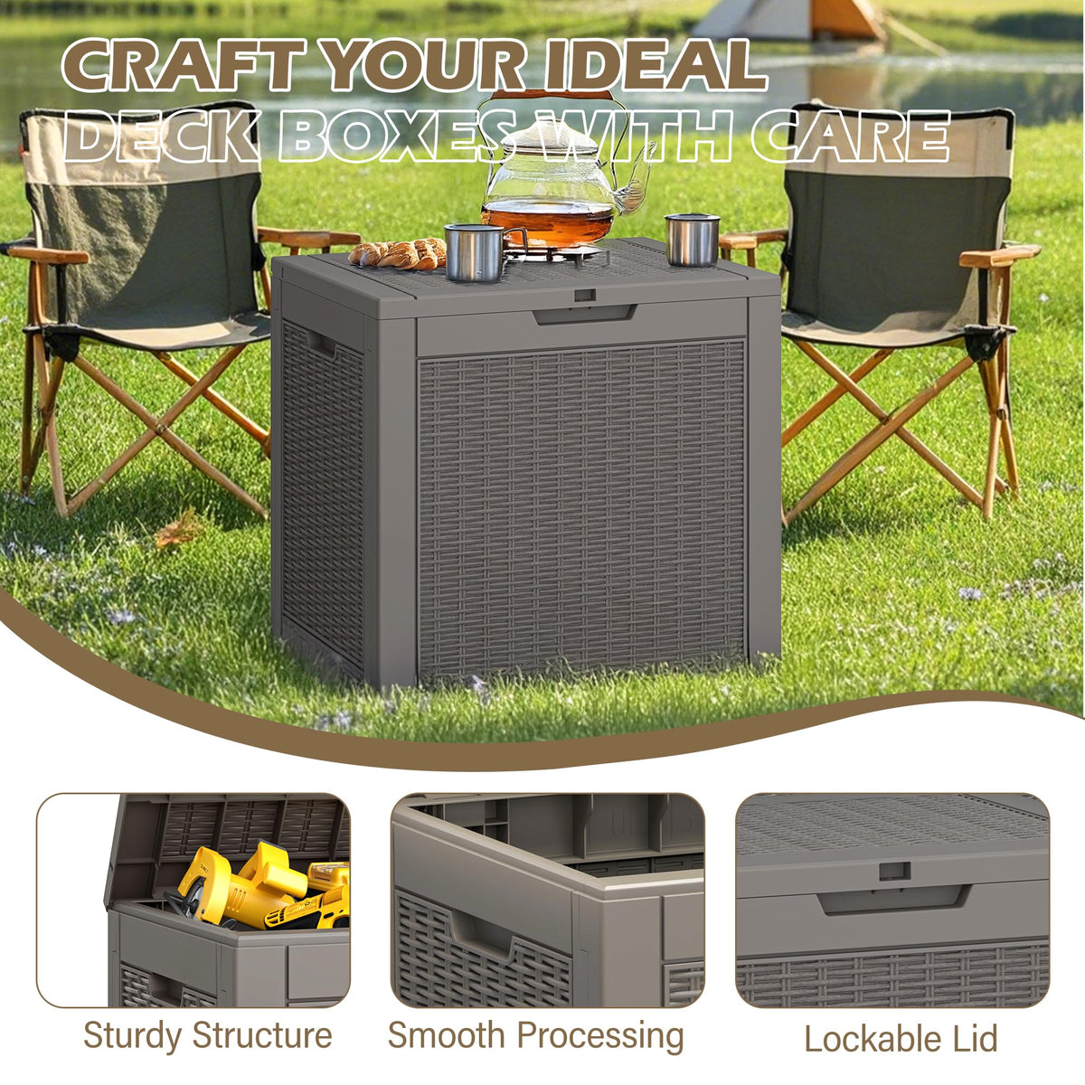 GULAIMOAO Outdoor Storage Box, 30 Gallon Deck Box with Lockable Lid, Waterproof Resin Storage Bin for Patio Furniture, Garden Tools, Cushions, Grey