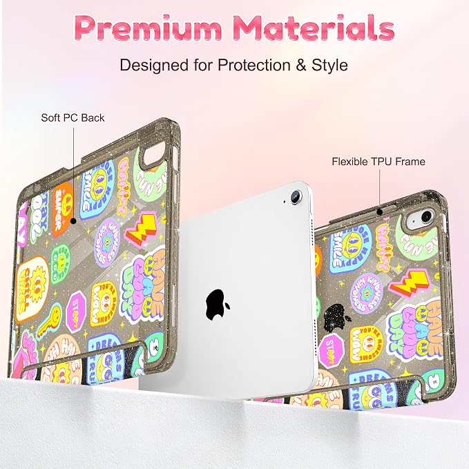 for iPad Air 11 inch M4/M3/M2 (2026/2025/2024) iPad Air 5th/4th Gen (2022/2020) 10.9 inch with Pencil Holder Glitter Clear Pretevtive Cover Auto Wake/Sleep Black Cartoon Stickers