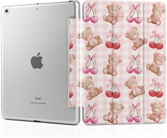 Compatible with iPad 10.2 Inch Case 2021 2020 2019 Smart Lightweight Trifold Stand Hard Plastic Transparent Cover Support Auto Sleep/Wake for iPad 10.2 9th/8th/7th Gen - Bear &amp Cherry