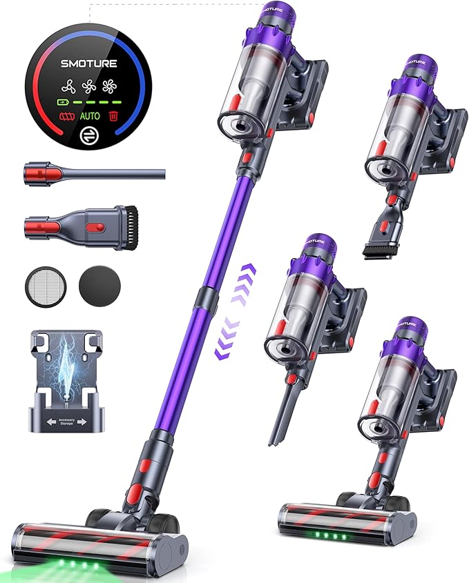 Cordless Vacuum Cleaner, 600W 50KPA 65 Mins Runtime Vacuum Cleaners for Home, Stick Vacuum with Self-Standing, Wall Mount Charging and Intelligent Auto Mode, Handheld Vacuum for Pet Hair/Carpet/Floor
