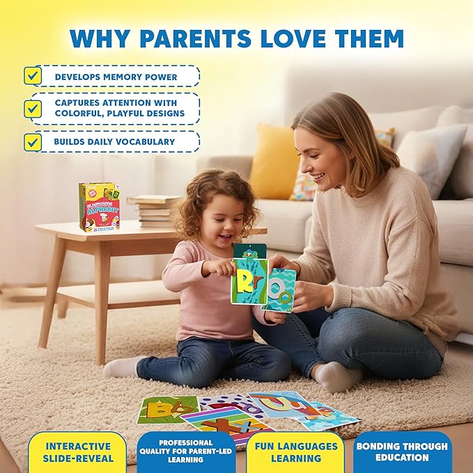 Kidrox Alphabet Flash Cards, ABC Learning Cards with Interactive Pull Tabs, English Cards Plus Spanish Translations