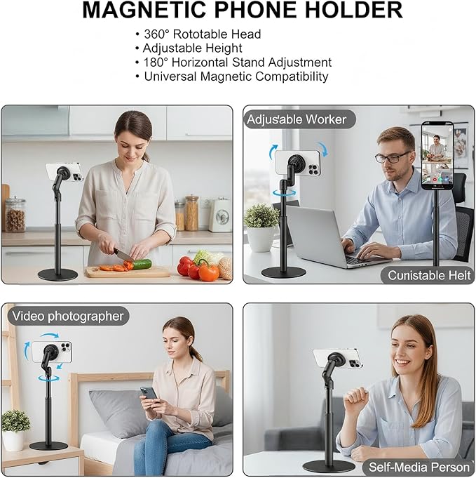 Magnetic Cell Phone Stand for MagSafeHeight Adjustable Holder for Desk | 360°Rotation Compatible with iPhone 17/16/15/14/13/12 Pro Max and All Phones