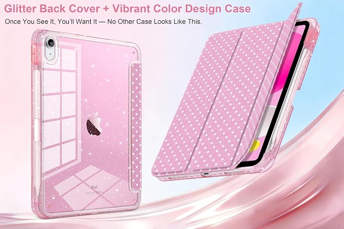 MEEgoodo Case for iPad A16 11th Generation 2025/10th Generation 2022 Glitter Tablet Cases with Transparent Acrylic Back+Trifold Stand +Pencil Holder+Auto Wake/SleepAbstract Sun &amp Palm Tree