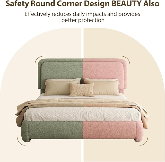 King Bed Frame, Teddy Velvet Boucle Bed Frame with 43.3"/45.3" Adjustable Upholstered Headboard, Rounded Corners, Mattress Foundation, No Box Spring Required, Green