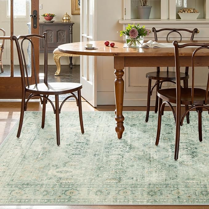 Lahome Vintage 5x7 Washable Green Rugs for Living Room Bedroom, Soft Dining Room Rugs for Under Table, Non Slip Indoor Throw Carpet for Entryway Kitchen Office (5x7ft,Light Green)