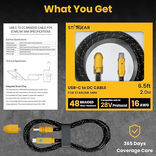 Starlink Mini Cable 16.4FT 18AWG 140W Starlink USB C to DC Power Cable with Smart Protocol Chip Waterproof DesignMini Accessories Compatible with 100W+ PD Source 28V PPS 20V PD Protocols