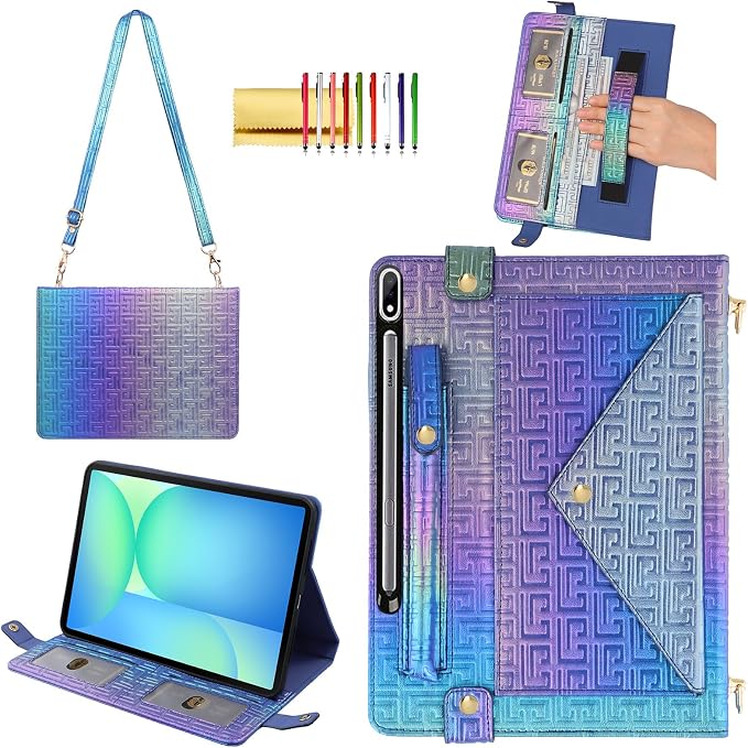 Handbag Case for Samsung Galaxy Tab S10 FE/S9 FE 10.9/S9/S8/S7 11 Techcircle Folio Stand Crossbody Wallet Protective Cover with S Pen Holder &amp Card Slots Hand Strap &amp Shoulder Strap Black