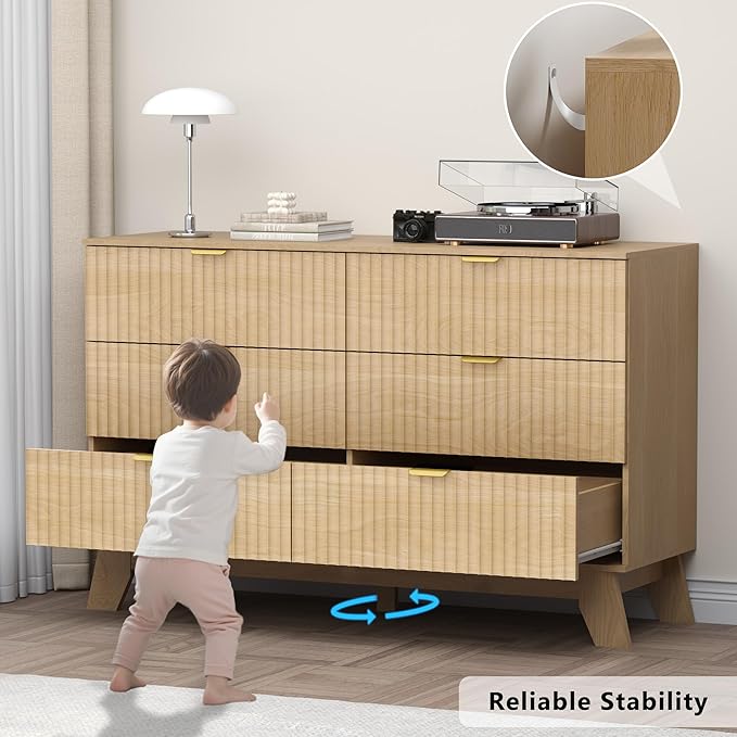 Fluted 6 Drawer Dresser, 47.2" Wide Modern Boho Chest of Drawers, Wooden Storage Dresser TV Stand for Bedroom, Living Room, Closet, Hallway, Curved Profile Design