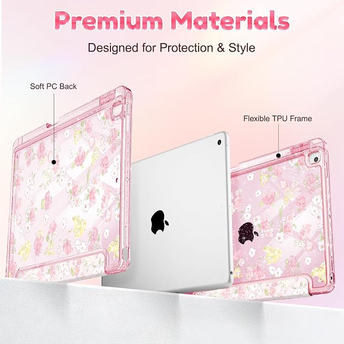Mektron Sparkly Case for iPad 10.2 inch Glitter Tablet Cases for iPad 9th Gen 2021/8th Gen 2020/7th Gen 2019 Cover with Shiny Clear Back Shell Foldable Bling Smart Cover Blue Floral