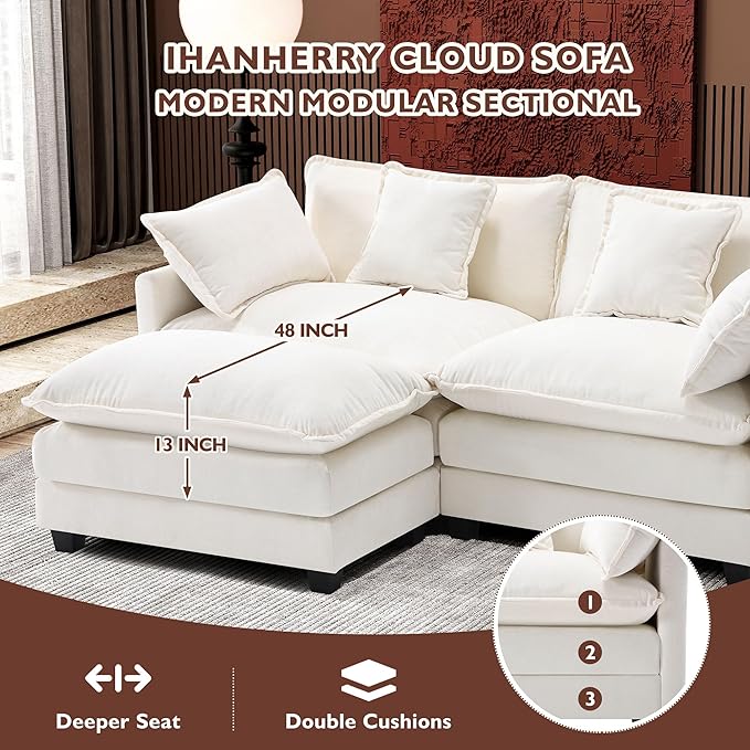 Ihanherry 77" L Shaped Modern Sofa Modular Sectional Cloud Couch with Ottoman, 3-Seat Chenille Deep Seat Sofa with Pillow for Living Room, Bedroom and Apartment, Beige