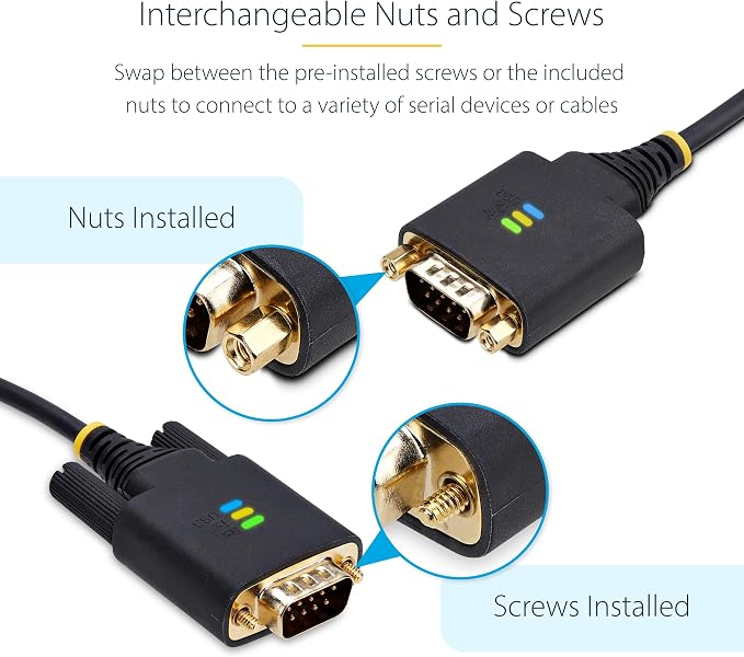 StarTech 10ft USB to Serial Adapter Cable FTDI IC (1P10FFC-USB-SERIAL) | USB-A to DB9 RS232 Interchangeable DB9 Screws Nuts COM Retention LED Indicators