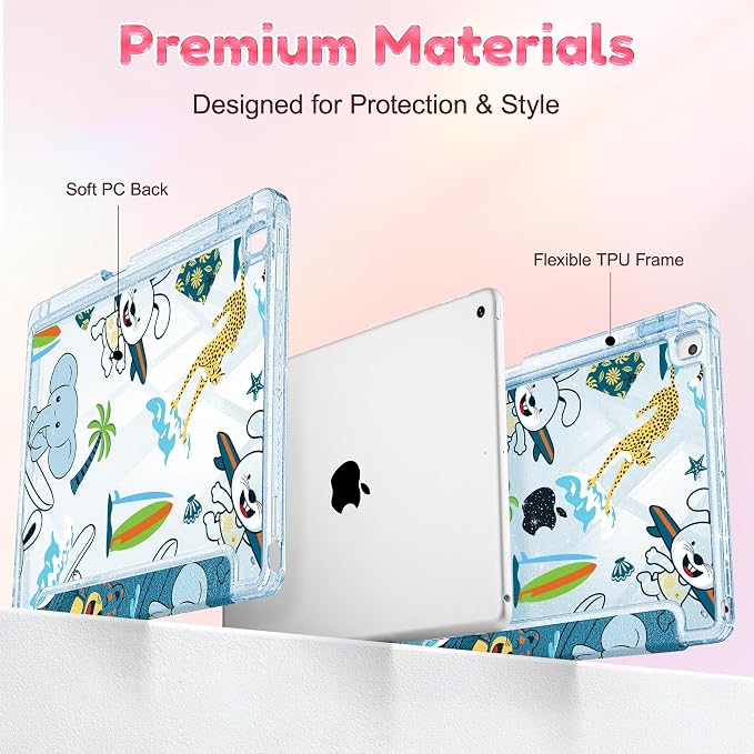 Mektron Sparkly Case for iPad 10.2 inch Glitter Tablet Cases for iPad 9th Gen 2021/8th Gen 2020/7th Gen 2019 Cover with Shiny Clear Back Shell Foldable Bling Smart Cover Blue Floral