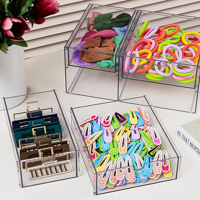 Noverlife Acrylic Hair Accessories Organizer with 4 Drawers, Clear Storage Drawers for Organizing Hair Ties/Jewelry/Sunglass, Stylish Make up Organizer Display & Office Bathroom Desktop Storage Case