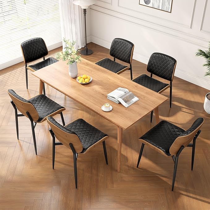 Dining Chairs Set of 2, Mid-Century Modern Upholstered PU Leather Chairs with Walnut Back and Metal Legs Adjustable Feet for Kitchen Dining Room, Black Diamond Plaid