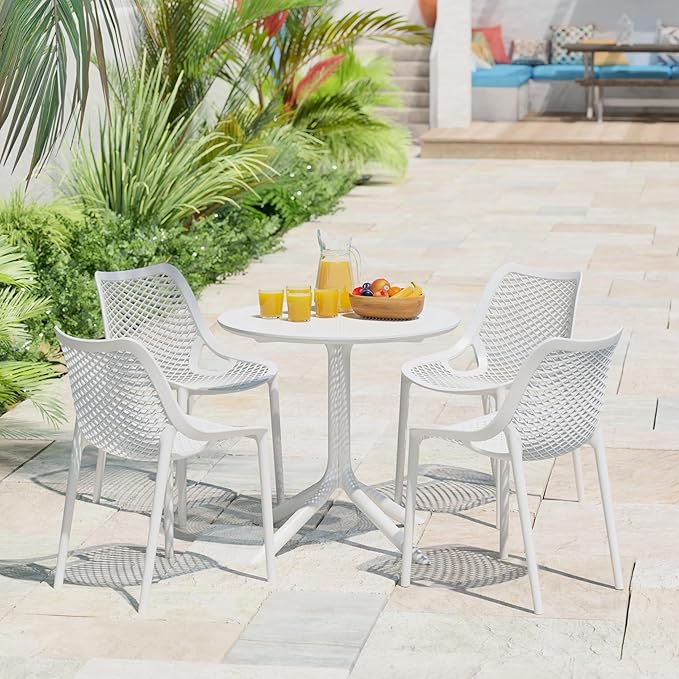 Costaelm Small Patio Table, Outdoor Round Dining Table, Weather Resistant Outside Table for Poolside Deck Lawn Garden Backyard, White