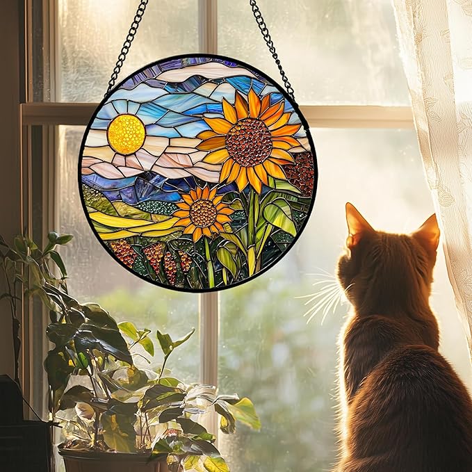 Stained Glass Suncatcher, Sunflower Flowers Landscape Sun Catcher Plant Mountains Stain Glass Window Hanging Decoration Mother's Day Birthday Gifts for Women Men Mom Nana 15 in