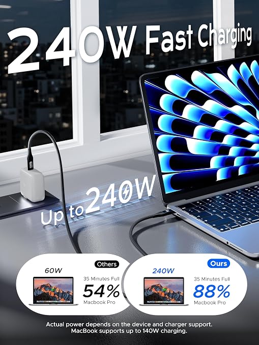 Plugable Short Braided USB C Monitor Cable 1FT 4K@144Hz/8K Video Output | USBC 3.2 Gen 2X2 Display Cable 20Gbps Data Transfer 240W PD Charging Fit for Portable Monitor SSD MacBook iPhone 17