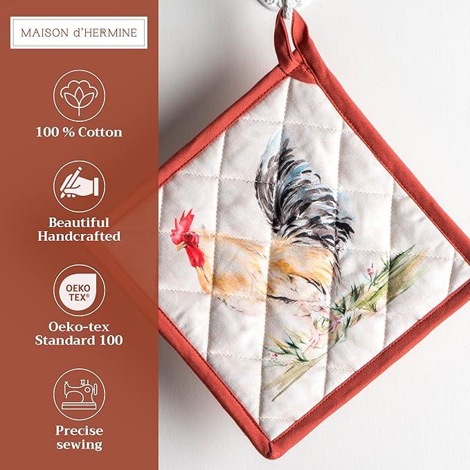 Maison d' Hermine Pot Holders Set 100% Cotton Heat Resistant Potholders 8" x 8" Hot Pads with Loop BBQ, Cooking, Baking, Grilling, Kitchen, Handling Hot Pans Spring/Summer (Pack of 2, Campagne)