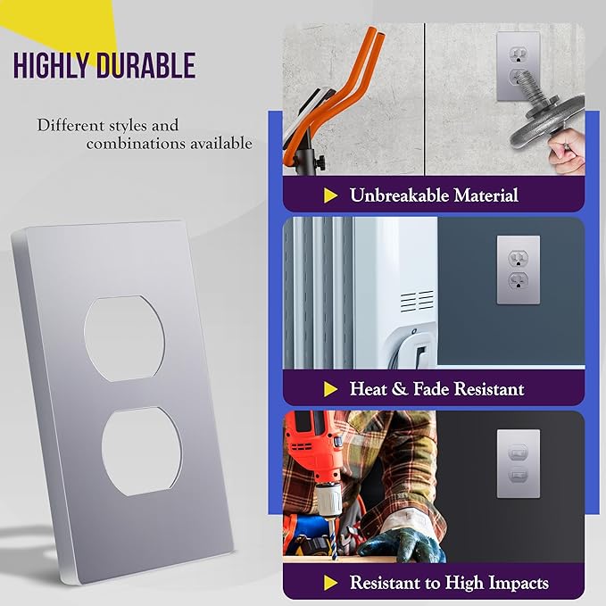 ENERLITES Elite Series Duplex Outlet Receptacle Cover, Screwless Wall Plate, Standard Size, 1-Gang 4.68" x 2.93", Unbreakable Polycarbonate Thermoplastic, UL Listed, SI8821-SV-5PCS, Silver, 5 pack