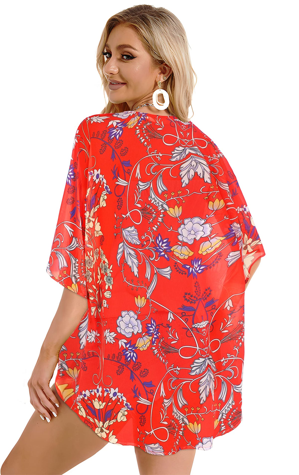 Summer Kimono Cardigan for Women Sheer Boho Tops Casual Open Front Swimwear Shirts Beach Cover ups (Boho Red,5XL)