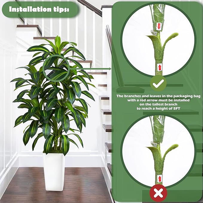 Artificial Dracaena Plant Indoor Fake Tree, Tall Fake Floor Plants with White Planter, Artificial Yucca Tree for Home Office Living Room Bedroom Farmhouse Modern Outdoor Topiary Tree (6 Trunks 5FT)