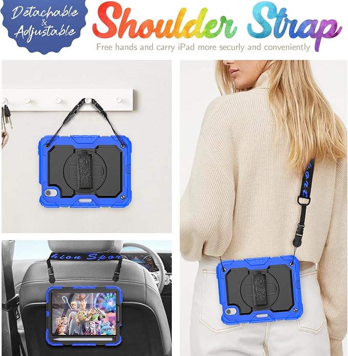 SEYMAC for iPad 9th/8th/7th Generation Case 10.2 2021-2019 Full-Body Shockproof Protective Case with Screen Protector Rotating Stand/Handle/Shoulder Strap for iPad 10.2 Blue/Black