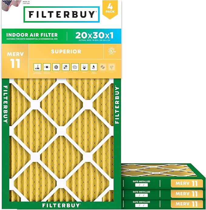 Filterbuy 20x30x1 Air Filter MERV 11 Superior Pet & Allergy Defense,