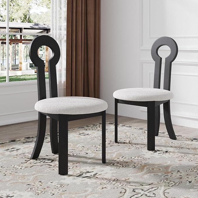 Wooden Dining Chairs Set of 6 Upholstered Kitchen & Dining Room Sherpa Chairs, Mid Century Modern Dining Chairs White with Black Legs