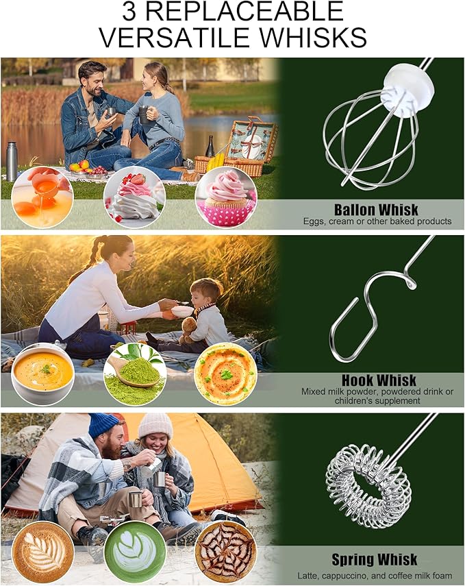 YUSWKO Handheld Milk Frother Wand for Coffee, Rechargeable Electric Whisk with 3 Heads 3 Speeds Drink Mixer Coffee Frother For Latte, Cappuccino, Hot Chocolate, Egg, Pink with Bag