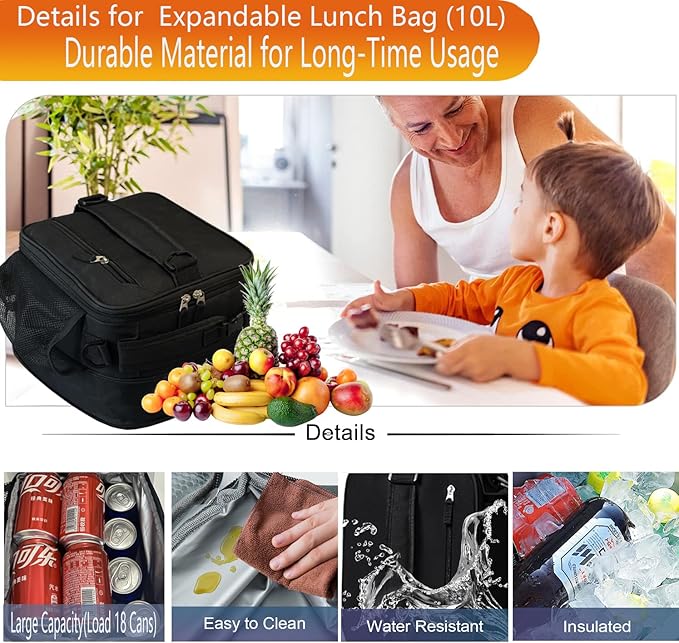 Expandable(18cans) Lunch Box Insulated Lunch bag for Men Kids Boys Teens Adult Portable Stylish Small Lunchbox With Shoulder Strap for Working Office school Picnic