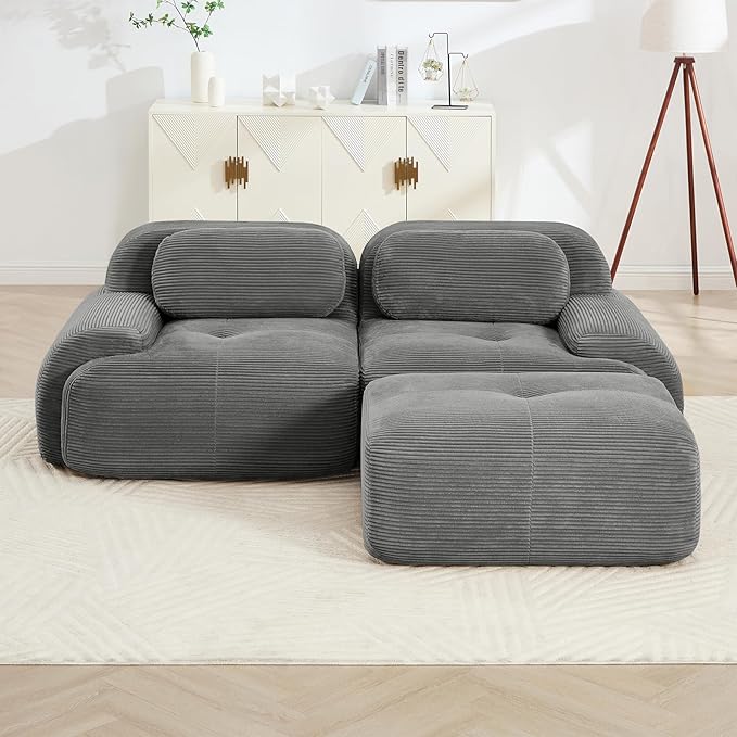 80" Modern Compressed Boneless Love Seat Couches with 1 Ottoman, 2 Seater Large Sectional Couches for Living Room, Gray Corduroy Cloud Modular Sectional Sofa, Memory Foam, Deep Loveseat, No Assembly