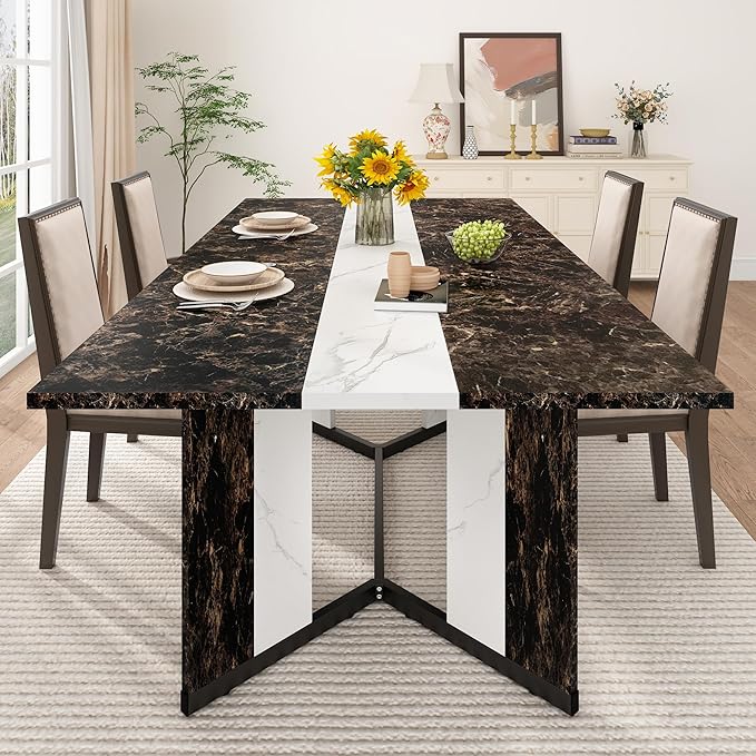 71 inch Dining Table for 4 5 6 | Modern Black Rectangular Kitchen Table W/Waterproof Wood Tabletop,Farmhouse Long Dining Room Tables W/Adjustable Legs&Wood Strip Base for Kitchen Living Room