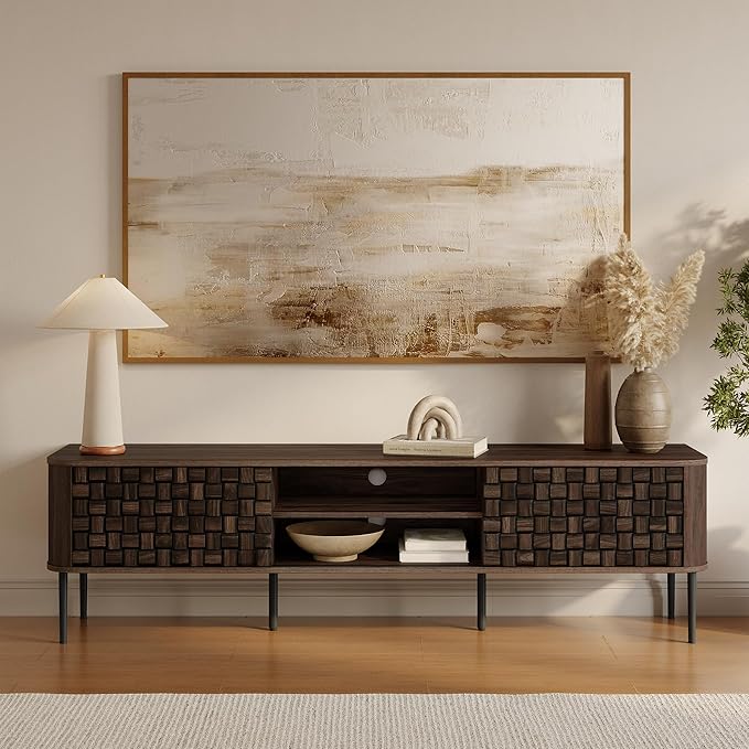 LuxenHome TV Stand for Living Room up to 80'' TVs, 71" Mid Century Modern Dark Oak Finish Wood with Basket Weave Design Entertainment Center with Storage, Media Console TV Console Cabinet for Entryway