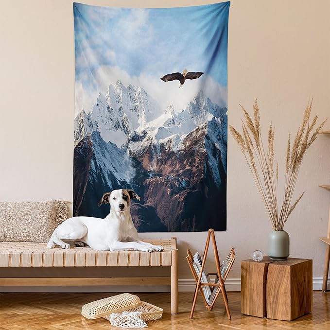Ambesonne Mountain Tapestry, Frozen Peaks Tops of the Mountain with a Flying Eagle Free in Nature Photo, Fabric Wall Hanging Decor for Bedroom Living Room Dorm, 23" X 28", Brown White Blue