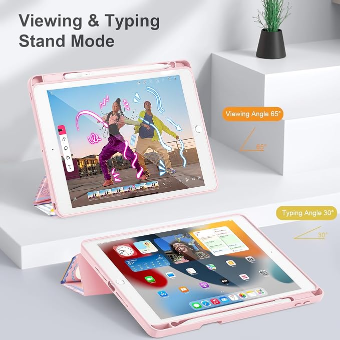 Case for iPad 9th/8th/7th Generation 10.2-Inch (2021/2020/2019 Release) with [Built-in Pencil Holder] Shockproof Cover with Clear Transparent Back Shell &amp Auto Wake/Sleep - Blue Bows