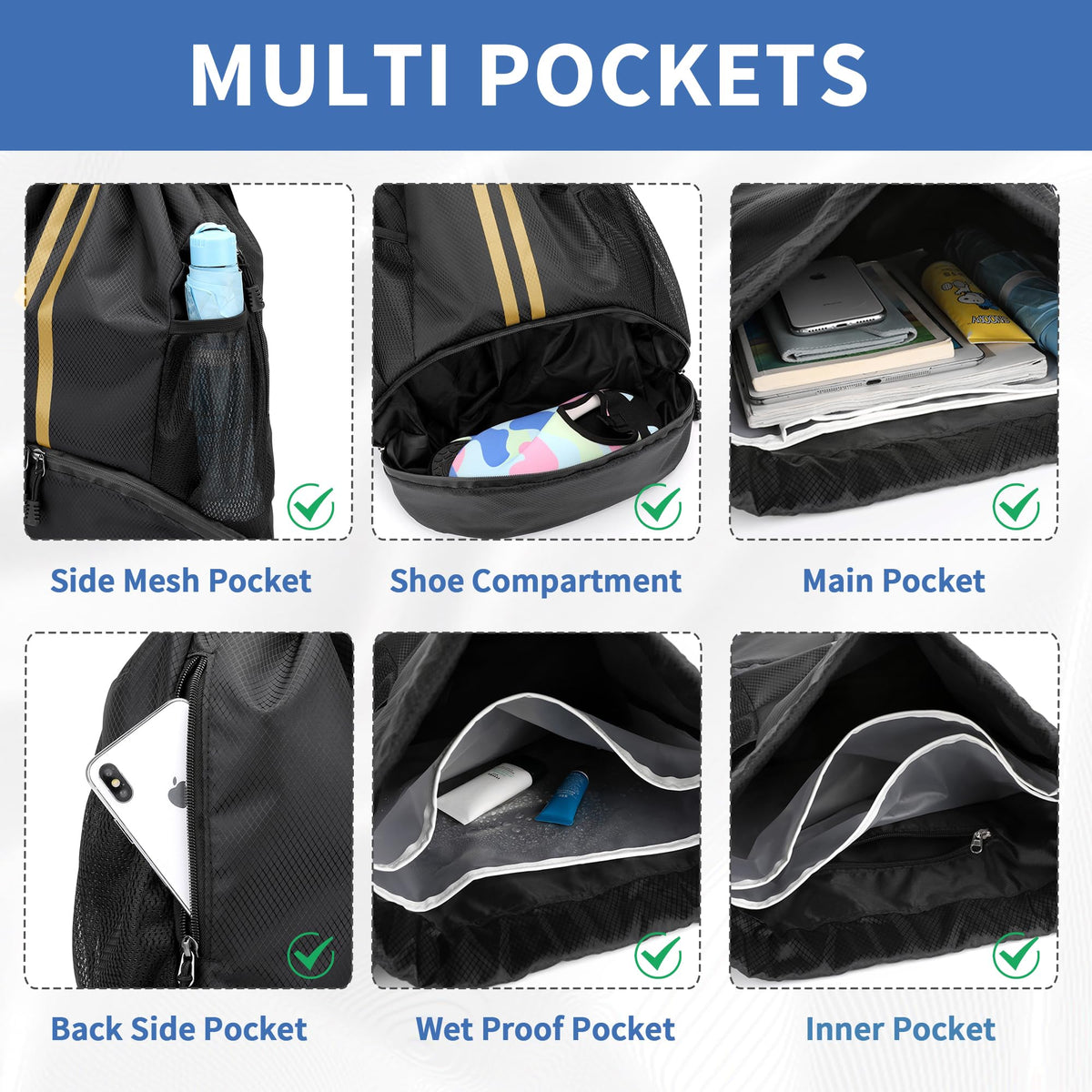 JELUTAR Drawstring Backpack Gym Bag with Shoes Pocket, Black Gold