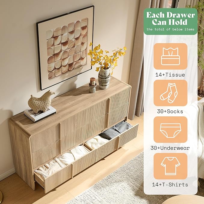 AMERLIFE 63" Fluted 6 Drawer Dresser, Long Modern Chest of Storage Drawers with Pine Handles, Rounded Corners & Anti-Tip Design, Wood Closet Organizer for Bedroom, Living Room, Nursery, Natural Oak
