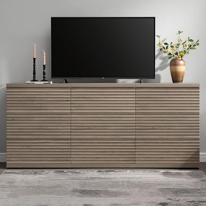 SICOTAS Sideboard Buffet Liquor Cabinet with Storage, Modern Fluted Credenza Coffee Bar Storage Cabinet with Larger Drawers, Mid Century Media Console Table for Living Room Kitchen Hallway (3 Pieces)