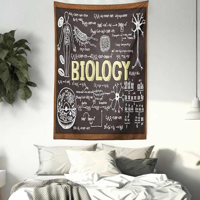 Ambesonne Science Tapestry, Black Chalkboard Biology Hand Written, Wall Hanging for Bedroom Living Room Dorm Decor, 40" X 60", Black Brown Pale Yellow