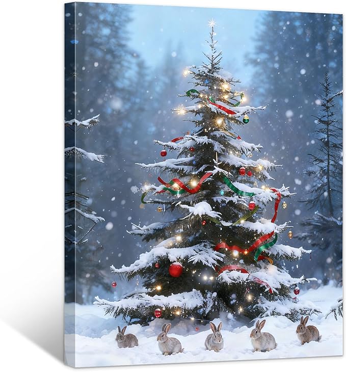 Framed Christmas Pictures Wall Decor,Vintage Pine Tree Prints,Winter Christmas Canvas Wall Art Decoration for Bedroom Bathroom Living Room Rustic Xmas Holiday Gifts (Christmas Tree 17, 24'' X 36'')